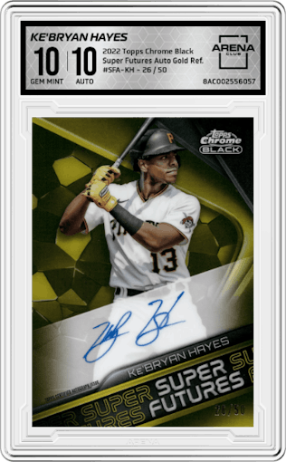 Ke'Bryan Hayes from the 2022 Topps Chrome Black set featuring a Gold Refractor parallel graded by Arena Club and given an overall grade of 10.