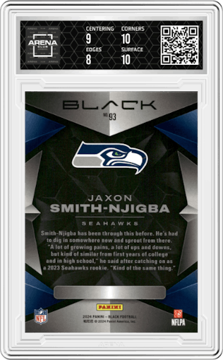 Jaxon Smith-Njigba from the 2024 Panini Black set featuring a Ruby parallel graded by Arena Club and given an overall grade of 8.5.