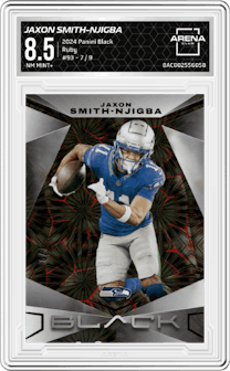 Jaxon Smith-Njigba from the 2024 Panini Black set featuring a Ruby parallel graded by Arena Club and given an overall grade of 8.5.