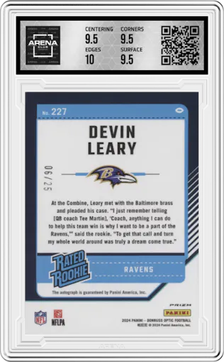 Devin Leary from the 2024 Donruss Optic set featuring a Black Pandora parallel graded by Arena Club and given an overall grade of 10.