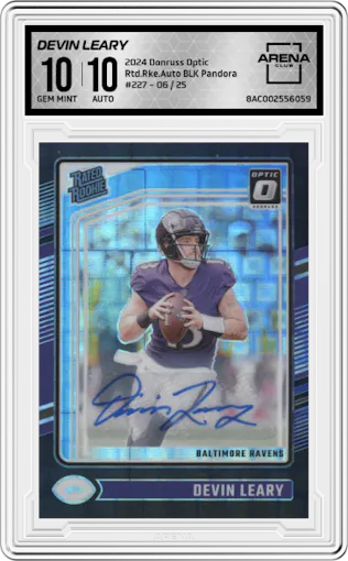 Devin Leary from the 2024 Donruss Optic set featuring a Black Pandora parallel graded by Arena Club and given an overall grade of 10.