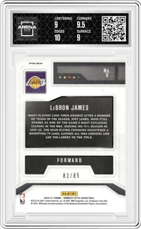LeBron James from the 2020-21 Panini Donruss Optic set featuring a Blue parallel graded by Arena Club and given an overall grade of 9.5.