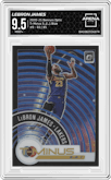 LeBron James from the 2020-21 Panini Donruss Optic set featuring a Blue parallel graded by Arena Club and given an overall grade of 9.5.