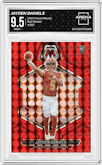 Jayden Daniels from the 2024 Panini Mosaic set featuring a Red Mosaic parallel graded by Arena Club and given an overall grade of 9.5.