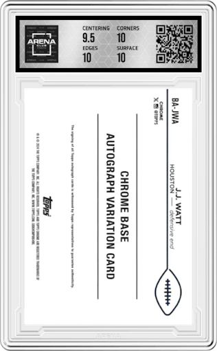 J.J. Watt from the 2024 Topps Chrome set featuring a Gold Wave Ref. parallel graded by Arena Club and given an overall grade of 10.