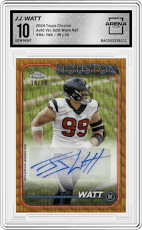 J.J. Watt from the 2024 Topps Chrome set featuring a Gold Wave Ref. parallel and given an overall grade of 10.