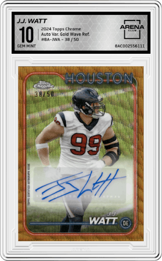 J.J. Watt from the 2024 Topps Chrome set featuring a Gold Wave Ref. parallel graded by Arena Club and given an overall grade of 10.