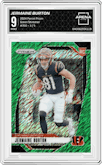 Jermaine Burton from the 2024 Panini Prizm set featuring a Green Shimmer parallel graded by Arena Club and given an overall grade of 9.