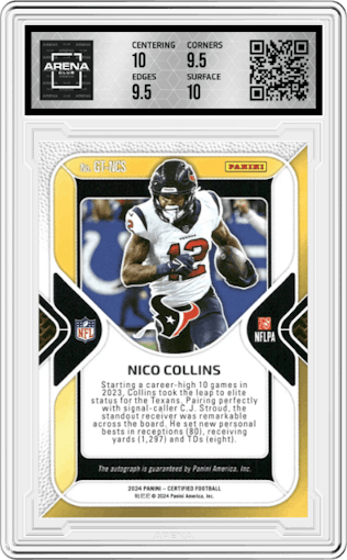 Nico Collins from the 2024 Panini Certified set featuring a Teal Etch parallel graded by Arena Club and given an overall grade of 10.