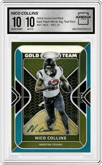 Nico Collins from the 2024 Panini Certified set featuring a Teal Etch parallel and given an overall grade of 10.