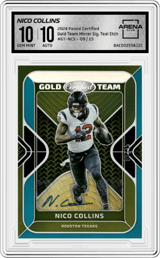 Nico Collins from the 2024 Panini Certified set featuring a Teal Etch parallel graded by Arena Club and given an overall grade of 10.