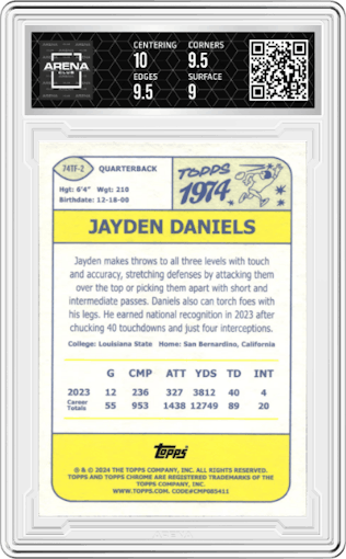 Jayden Daniels from the 2024 Topps Chrome set featuring a Lazer Refractor parallel graded by Arena Club and given an overall grade of 9.5.
