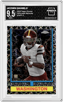 Jayden Daniels from the 2024 Topps Chrome set featuring a Lazer Refractor parallel graded by Arena Club and given an overall grade of 9.5.