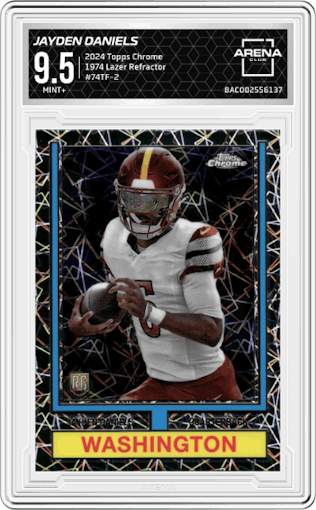 Jayden Daniels from the 2024 Topps Chrome set featuring a Lazer Refractor parallel graded by Arena Club and given an overall grade of 9.5.