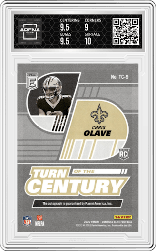 Chris Olave from the 2022 Panini Donruss Elite set graded by Arena Club and given an overall grade of 9.5.