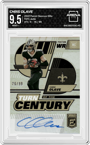 Chris Olave from the 2022 Panini Donruss Elite set graded by Arena Club and given an overall grade of 9.5.