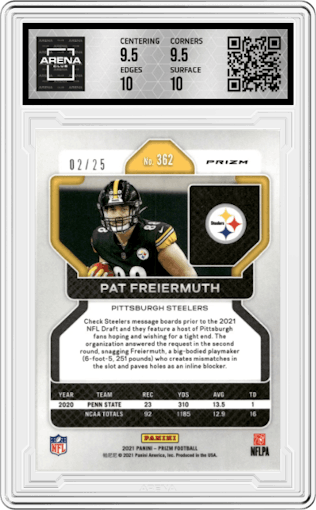 Pat Freiermuth from the 2021 Panini Prizm set featuring a Blue Shimmer parallel graded by Arena Club and given an overall grade of 10.