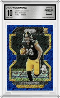 Pat Freiermuth from the 2021 Panini Prizm set featuring a Blue Shimmer parallel graded by Arena Club and given an overall grade of 10.