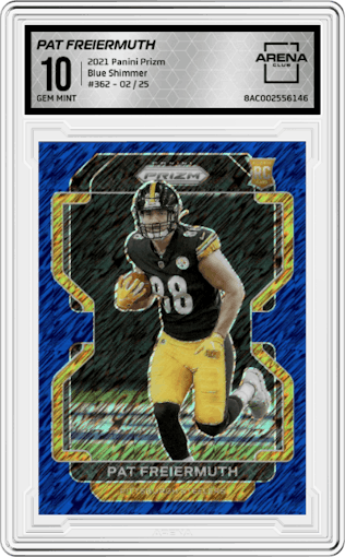 Pat Freiermuth from the 2021 Panini Prizm set featuring a Blue Shimmer parallel graded by Arena Club and given an overall grade of 10.