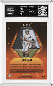 Tom Brady from the 2021 Panini Phoenix set featuring a Red parallel graded by Arena Club and given an overall grade of 9.5.