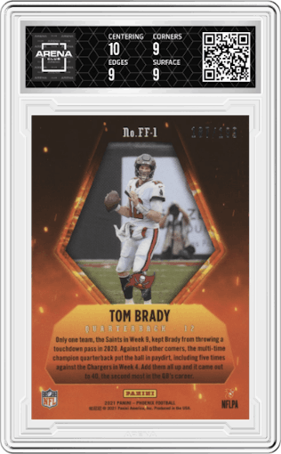 Tom Brady from the 2021 Panini Phoenix set featuring a Red parallel graded by Arena Club and given an overall grade of 9.5.