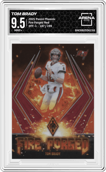 Tom Brady from the 2021 Panini Phoenix set featuring a Red parallel graded by Arena Club and given an overall grade of 9.5.