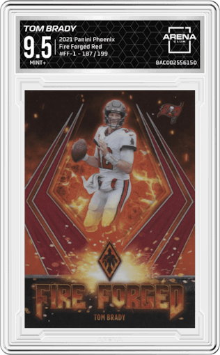 Tom Brady from the 2021 Panini Phoenix set featuring a Red parallel graded by Arena Club and given an overall grade of 9.5.