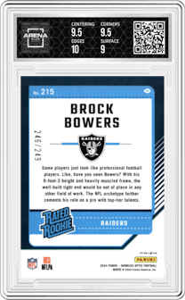 Brock Bowers from the 2024 Donruss Optic set featuring a Orange parallel graded by Arena Club and given an overall grade of 9.5.