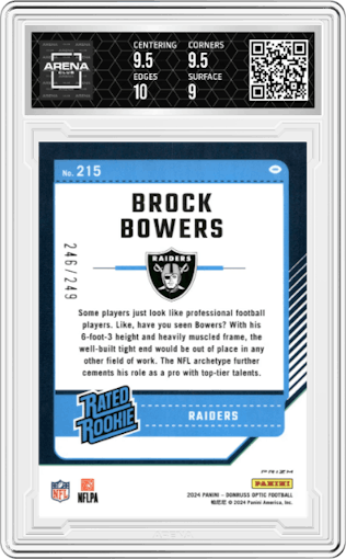 Brock Bowers from the 2024 Donruss Optic set featuring a Orange parallel graded by Arena Club and given an overall grade of 9.5.