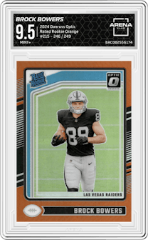 Brock Bowers from the 2024 Donruss Optic set featuring a Orange parallel graded by Arena Club and given an overall grade of 9.5.