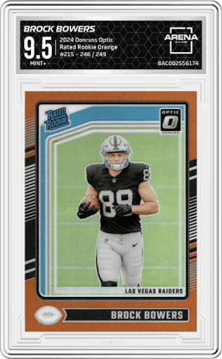 Brock Bowers from the 2024 Donruss Optic set featuring a Orange parallel graded by Arena Club and given an overall grade of 9.5.