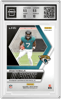 Brian Thomas Jr. from the 2024 Panini Mosaic set graded by Arena Club and given an overall grade of 10.