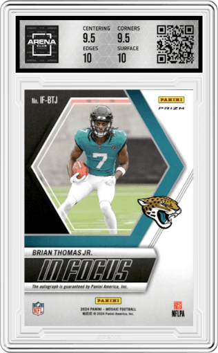 Brian Thomas Jr. from the 2024 Panini Mosaic set graded by Arena Club and given an overall grade of 10.