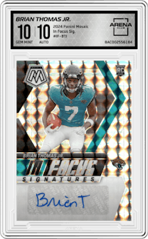 Brian Thomas Jr. from the 2024 Panini Mosaic set graded by Arena Club and given an overall grade of 10.