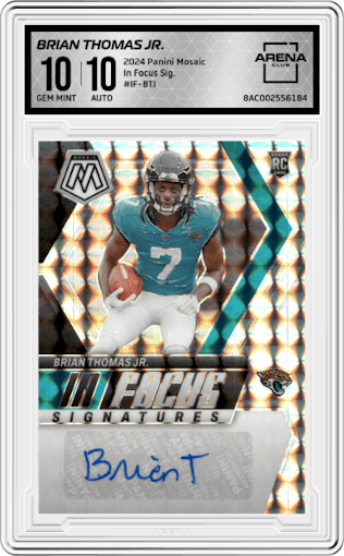 Brian Thomas Jr. from the 2024 Panini Mosaic set graded by Arena Club and given an overall grade of 10.