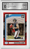 Caleb Williams from the 2024 Donruss set featuring a Red Wave parallel graded by Arena Club and given an overall grade of 10.