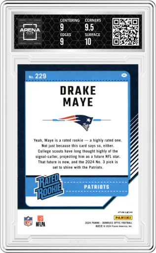 Drake Maye from the 2024 Donruss Optic set featuring a Hyper Blue parallel graded by Arena Club and given an overall grade of 9.5.