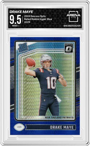 Drake Maye from the 2024 Donruss Optic set featuring a Hyper Blue parallel graded by Arena Club and given an overall grade of 9.5.