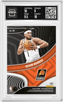 Devin Booker from the 2024-25 Panini Revolution set featuring a Cubic parallel graded by Arena Club and given an overall grade of 9.5.