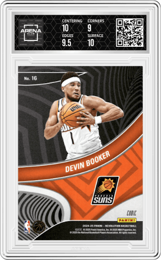 Devin Booker from the 2024-25 Panini Revolution set featuring a Cubic parallel graded by Arena Club and given an overall grade of 9.5.
