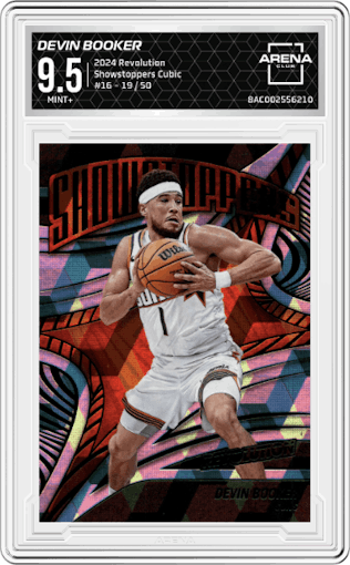 Devin Booker from the 2024-25 Panini Revolution set featuring a Cubic parallel graded by Arena Club and given an overall grade of 9.5.