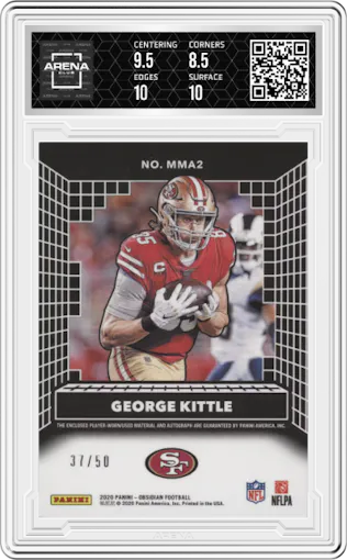 George Kittle  from the 2020 Panini Obsidian set featuring a Electric Etch Green parallel graded by Arena Club and given an overall grade of 9.