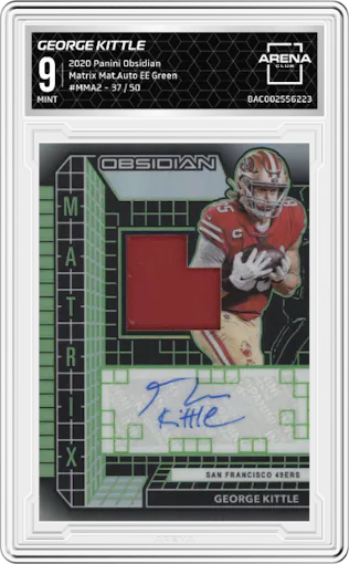 George Kittle  from the 2020 Panini Obsidian set featuring a Electric Etch Green parallel graded by Arena Club and given an overall grade of 9.