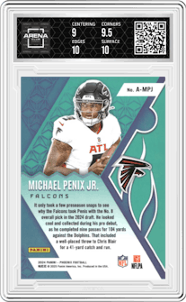 Michael Penix Jr. from the 2024 Panini Phoenix set graded by Arena Club and given an overall grade of 9.5.