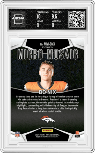Bo Nix from the 2024 Panini Mosaic set graded by Arena Club and given an overall grade of 8.5.
