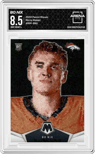 Bo Nix from the 2024 Panini Mosaic set graded by Arena Club and given an overall grade of 8.5.