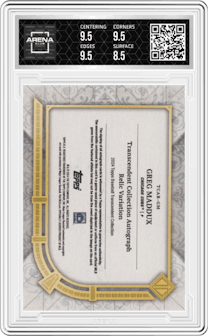 Greg Maddux from the 2024 Topps Transcendent Collection set featuring a Blue parallel graded by Arena Club and given an overall grade of 9.