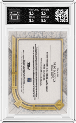 Greg Maddux from the 2024 Topps Transcendent Collection set featuring a Blue parallel graded by Arena Club and given an overall grade of 9.