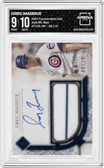 Greg Maddux from the 2024 Topps Transcendent Collection set featuring a Blue parallel graded by Arena Club and given an overall grade of 9.
