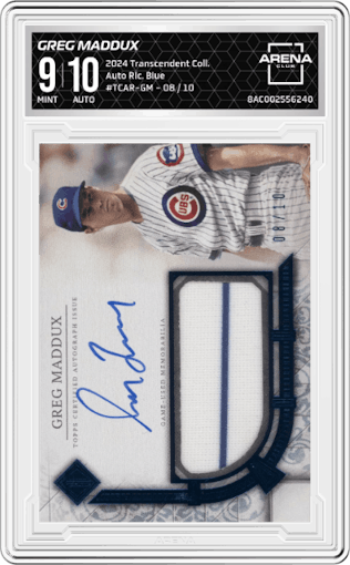 Greg Maddux from the 2024 Topps Transcendent Collection set featuring a Blue parallel graded by Arena Club and given an overall grade of 9.